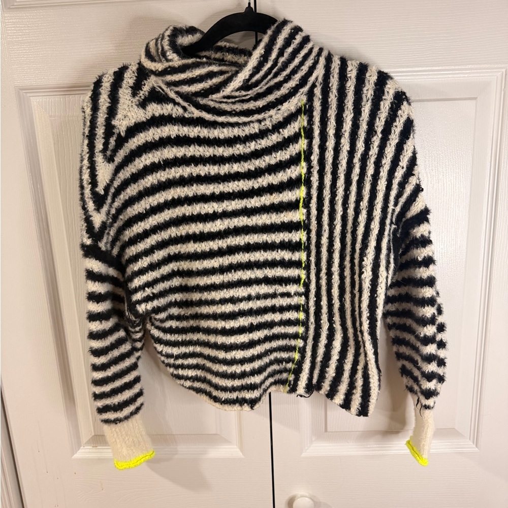 Anthropologie Black & White Striped Cowl Neck Sweater with Neon Yellow Accents